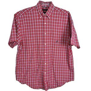 Nautica Men's Casual Button-Down Red‎ and White Plaid Short Sleeve Shirt  Large